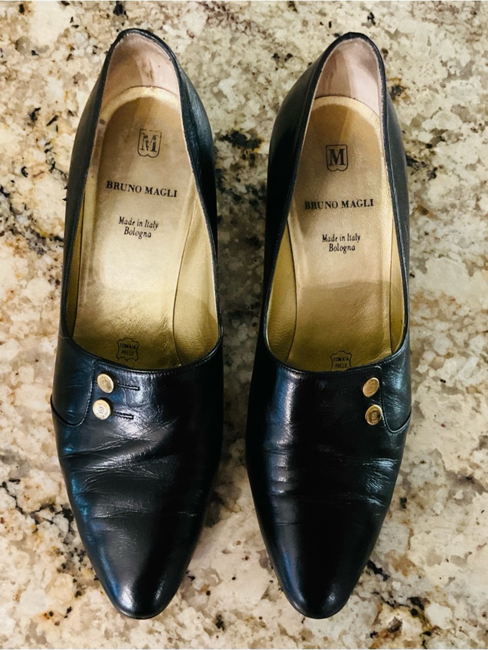 Bruno Magli Black Leather Pointed-Toe Pumps with Gold Buttons